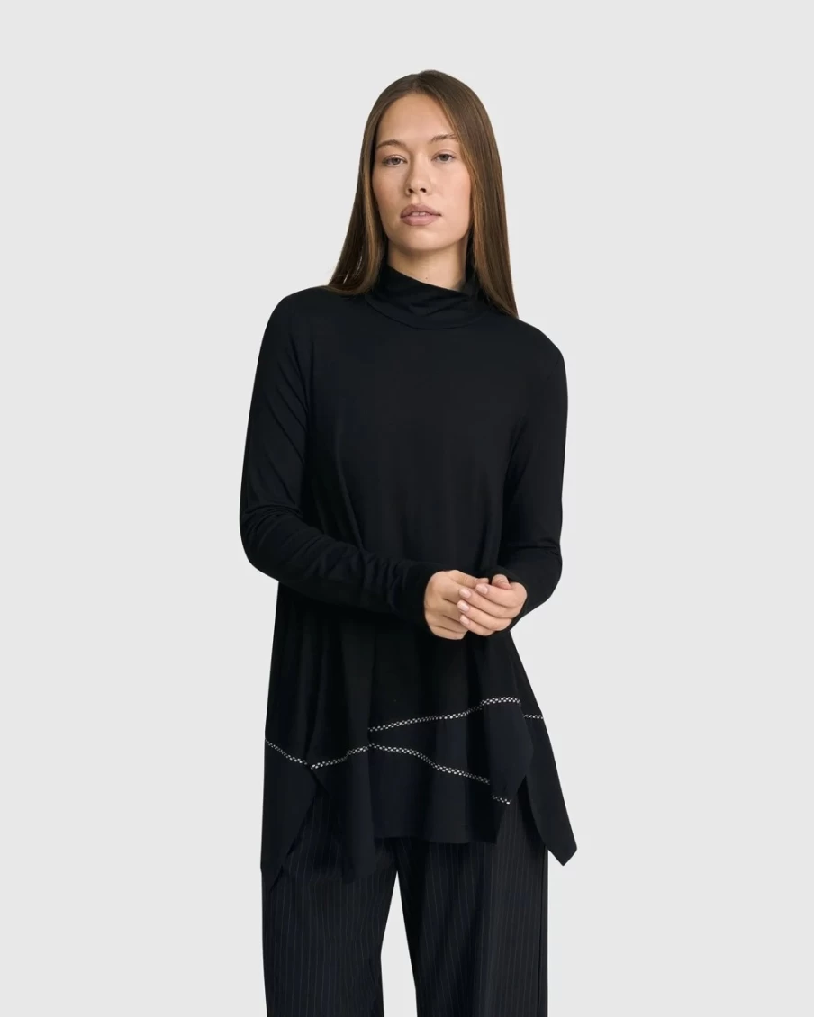 ALEMBIKA Women's Mazzy Mockneck Long Sleeve Top - Black Elegant Stretchable Knit Shirt