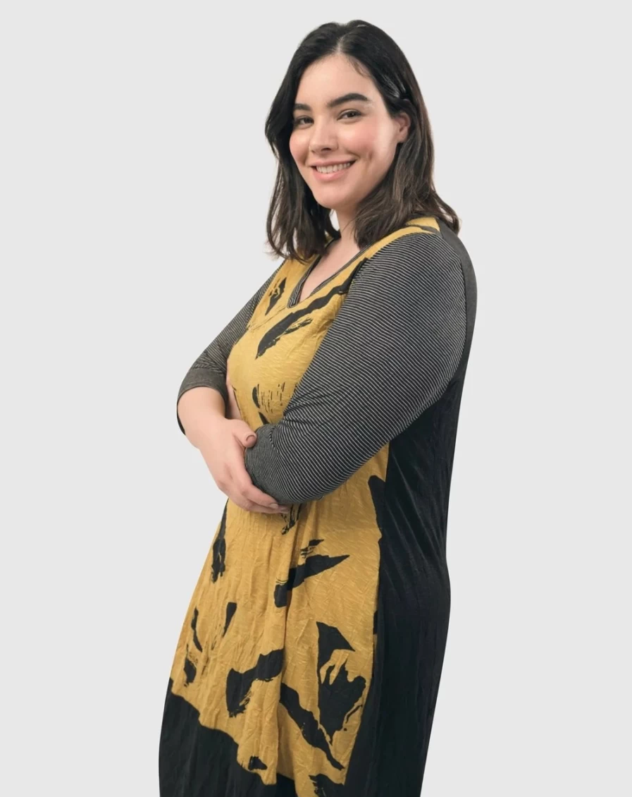 ALEMBIKA Women's Ru Crinkle Cocoon Dress in Yellow - Elegant Boho Style Midi Dress