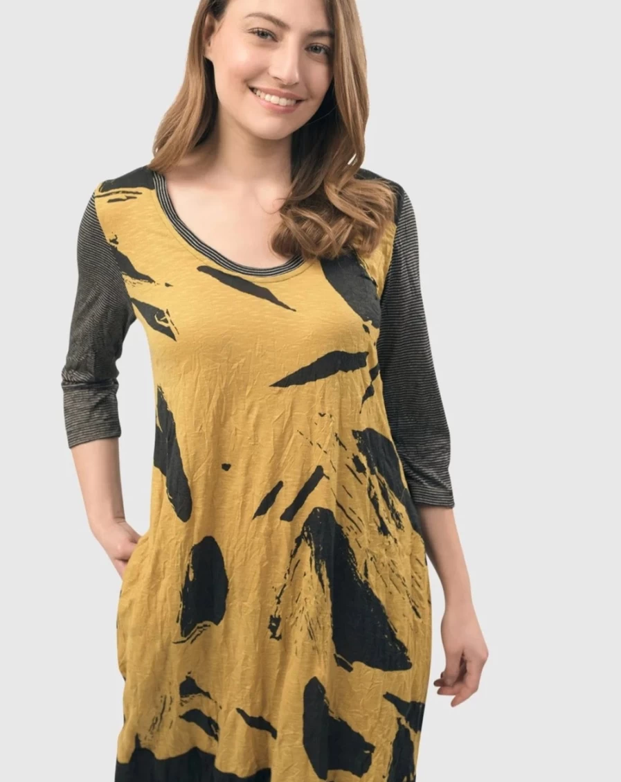 ALEMBIKA Women's Ru Crinkle Cocoon Dress in Yellow - Elegant Boho Style Midi Dress