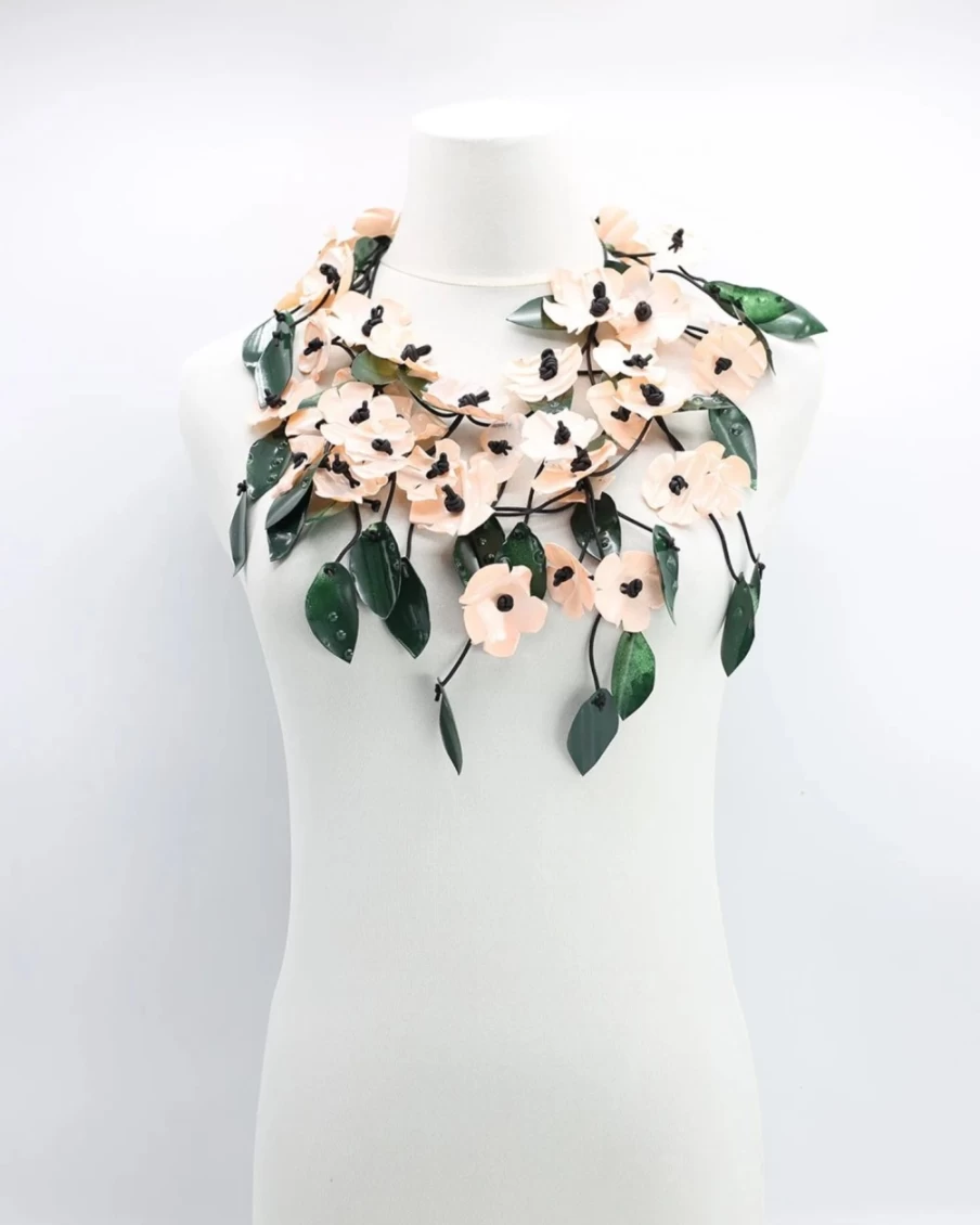 ALEMBIKA Women's Pink Poppy & Green Leaf Pendant Necklace - Floral Botanical Jewelry