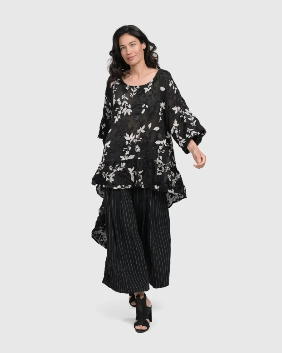 ALEMBIKA Women's Cultured Club Hi Lo Top with Leaf Design - Stylish Asymmetrical Hem Blouse