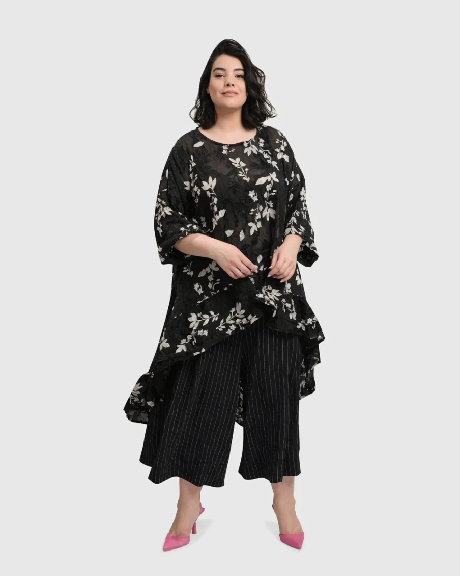 ALEMBIKA Women's Cultured Club Hi Lo Top with Leaf Design - Stylish Asymmetrical Hem Blouse
