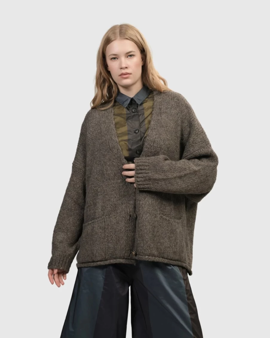 ALEMBIKA Women's Taupe Sylvia Crop Cardigan - Stylish Short Knit Sweater