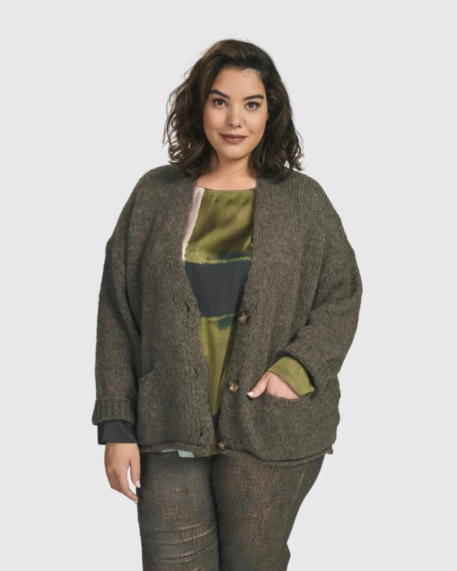 ALEMBIKA Women's Taupe Sylvia Crop Cardigan - Stylish Short Knit Sweater