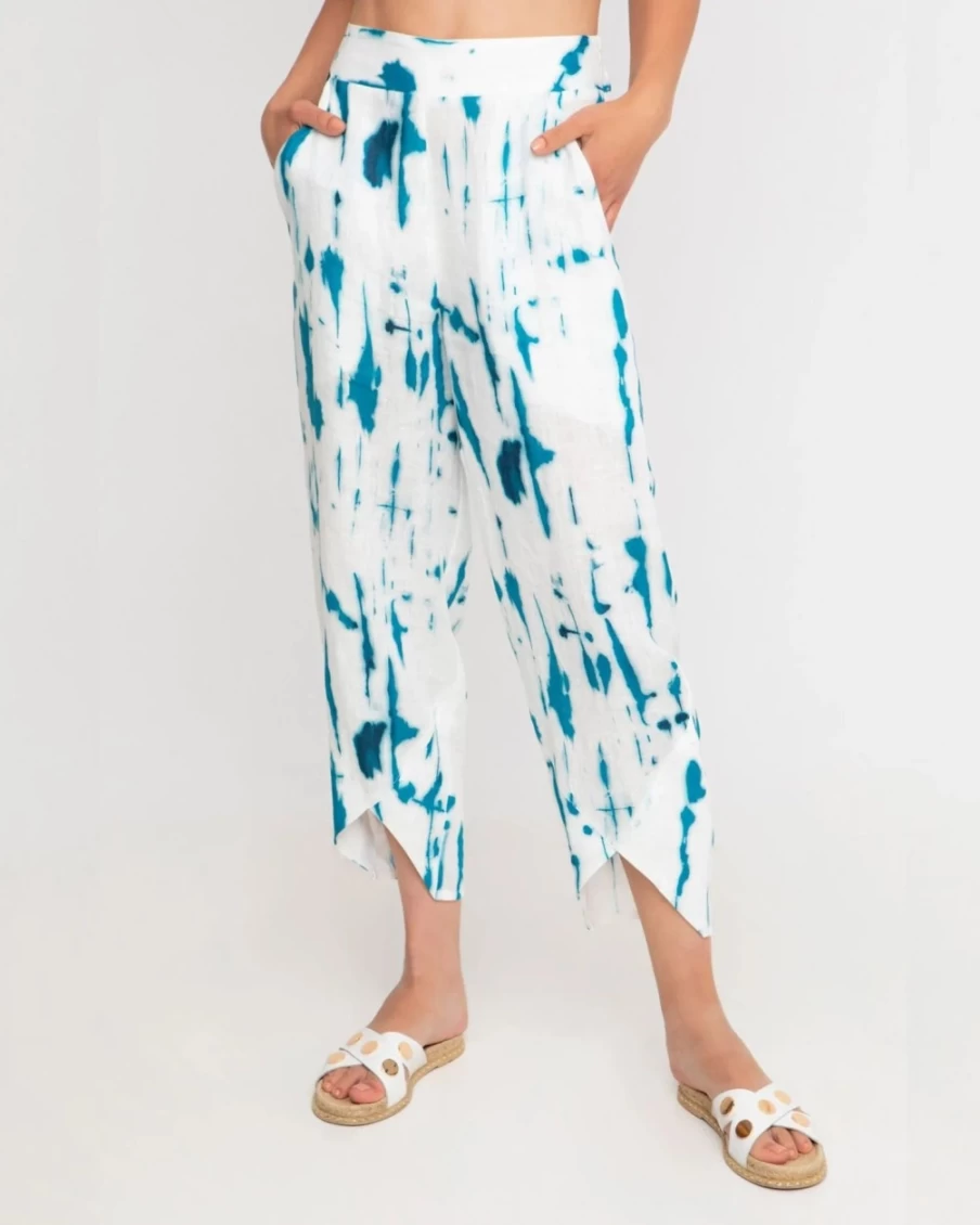 ALEMBIKA Women's Linen Tulip Pants - Ozai N Ku Island Style in White & Turquoise
