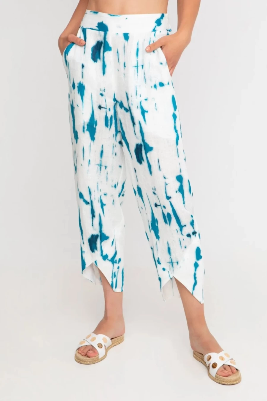 ALEMBIKA Women's Linen Tulip Pants - Ozai N Ku Island Style in White & Turquoise