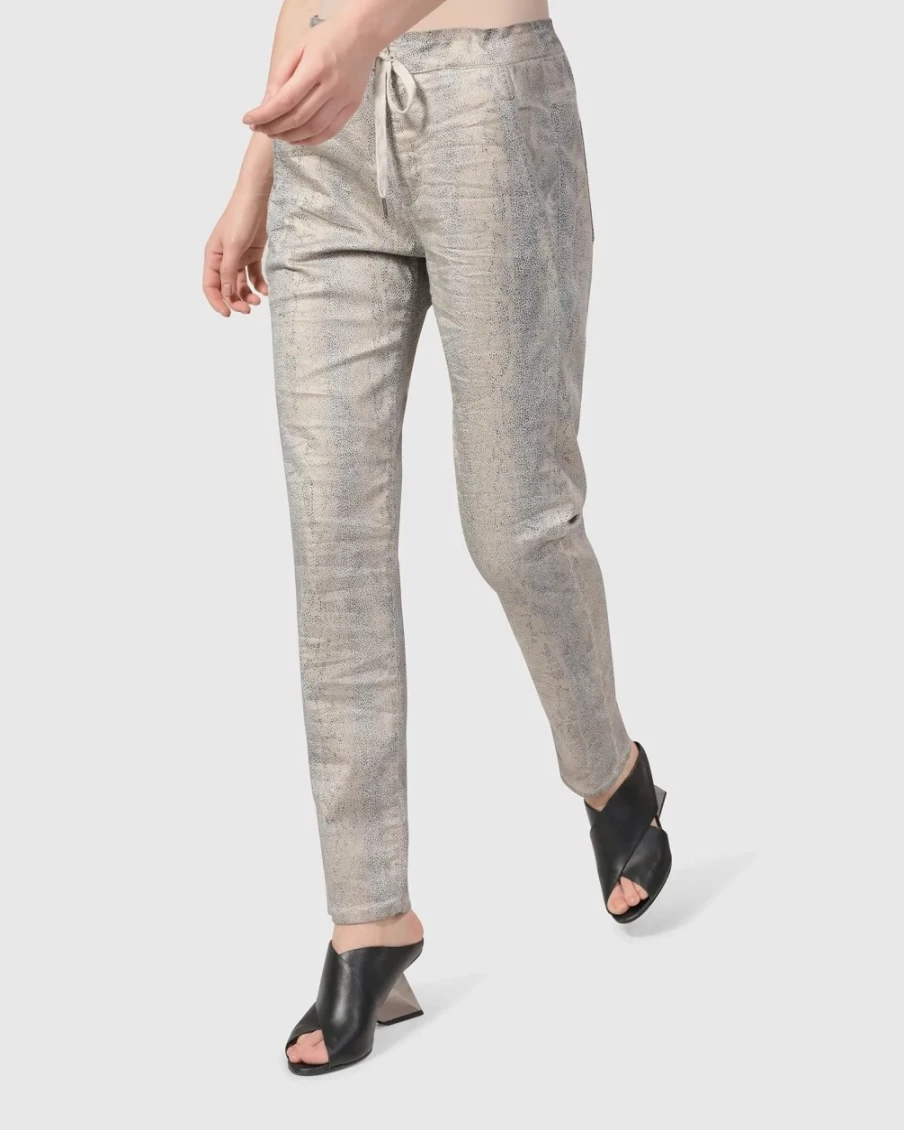ALEMBIKA Women's Ecru Snake Iconic Stretch Jeans - High Waist Slim Fit Denim Pants
