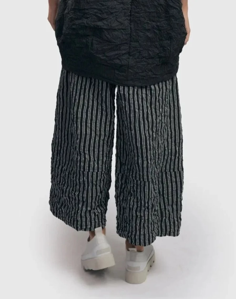 ALEMBIKA Women's Silver & Black Crinkle Pinstripe Palazzo Pants - Urban Style Wide Leg Trousers