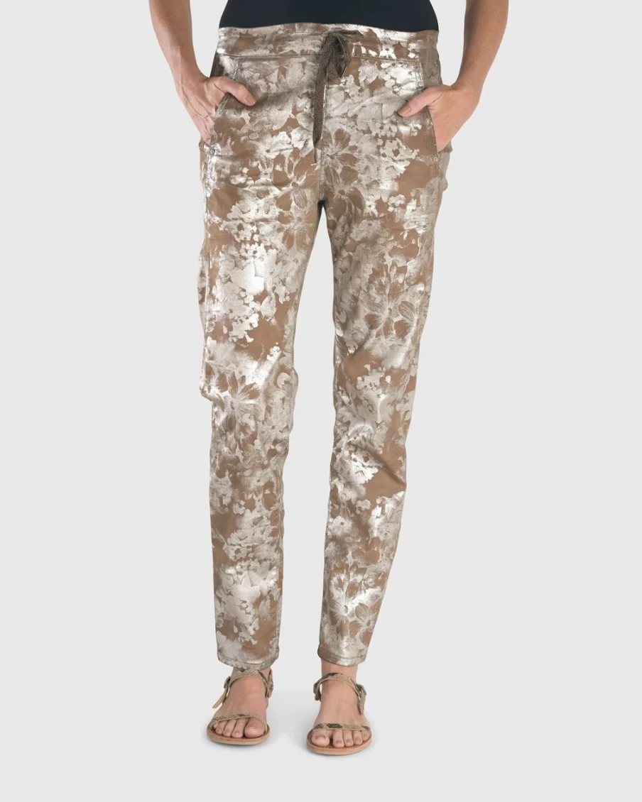 ALEMBIKA Women's Floral Print Stretch Jeans in Coffee - Iconic High Waist Slim Fit Denim Pants