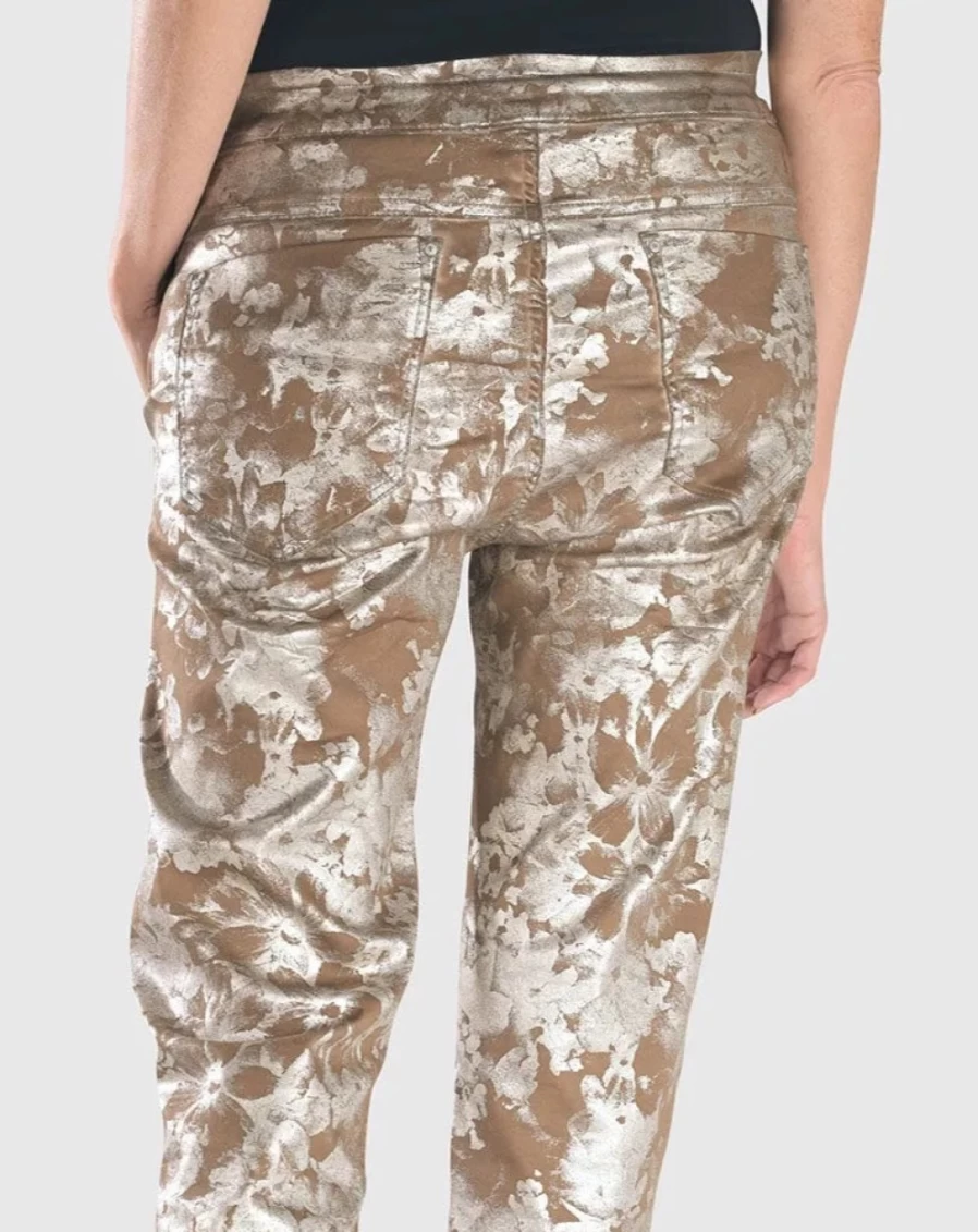 ALEMBIKA Women's Floral Print Stretch Jeans in Coffee - Iconic High Waist Slim Fit Denim Pants