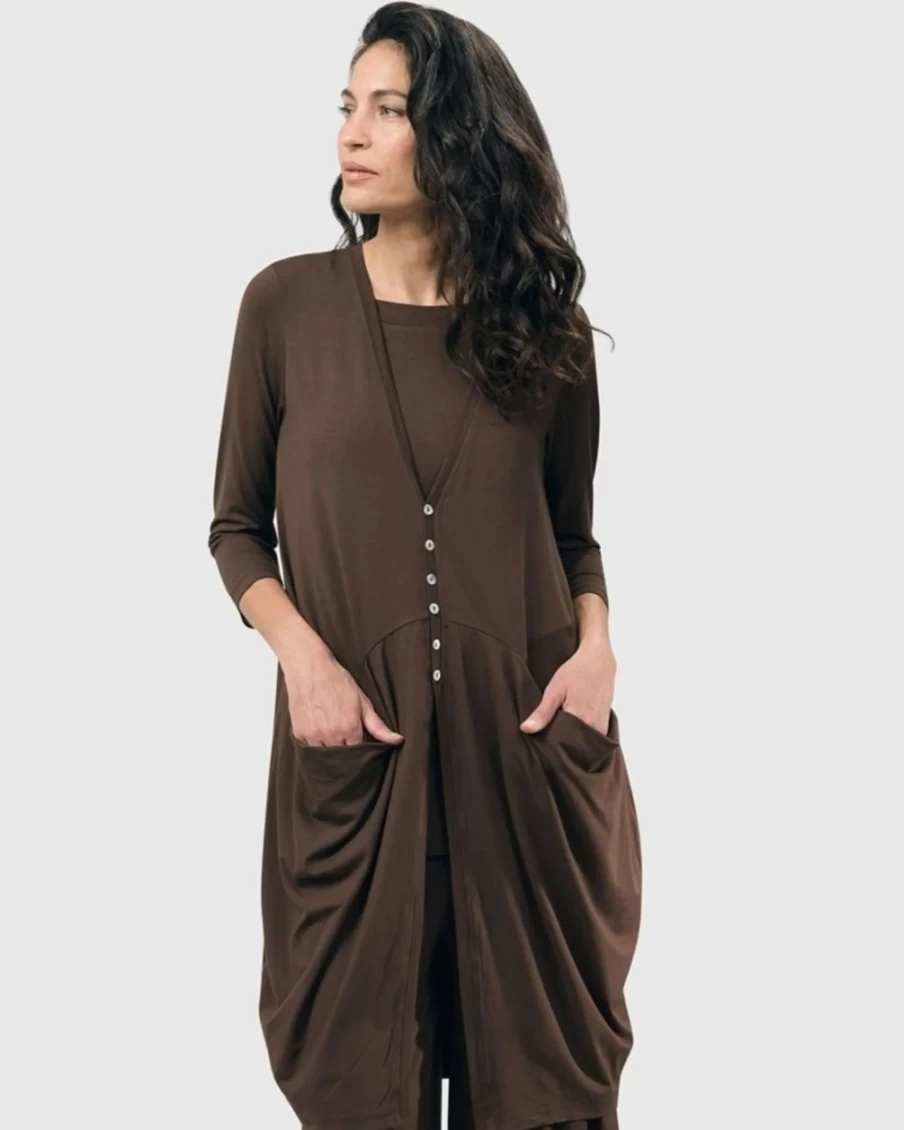 ALEMBIKA Women's Essential Draped Cocoon Jacket in Coffee - Stylish Oversized Outerwear