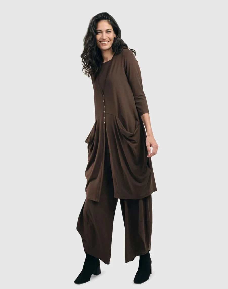 ALEMBIKA Women's Essential Draped Cocoon Jacket in Coffee - Stylish Oversized Outerwear