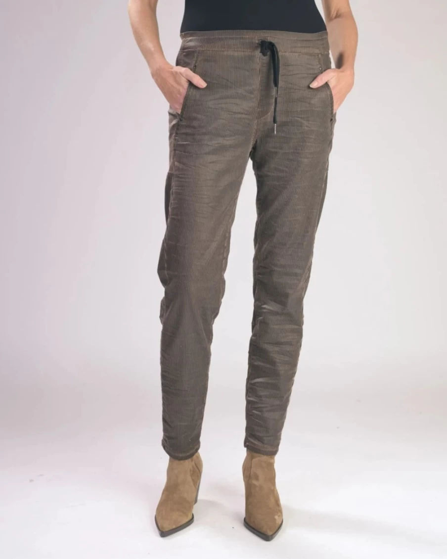 ALEMBIKA Women's Brown Pinstripe Iconic Stretch Jeans - High Waist Slim Fit Comfort Denim