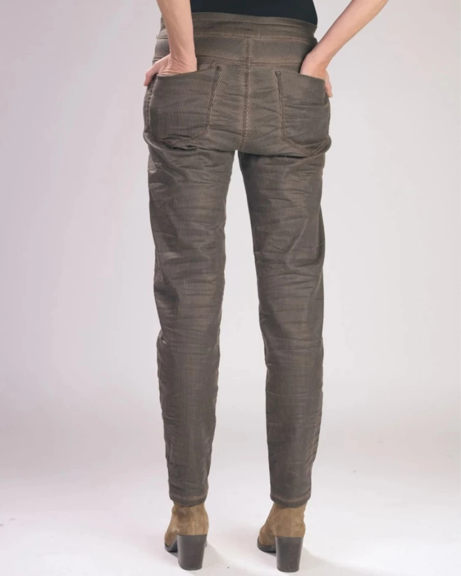 ALEMBIKA Women's Brown Pinstripe Iconic Stretch Jeans - High Waist Slim Fit Comfort Denim