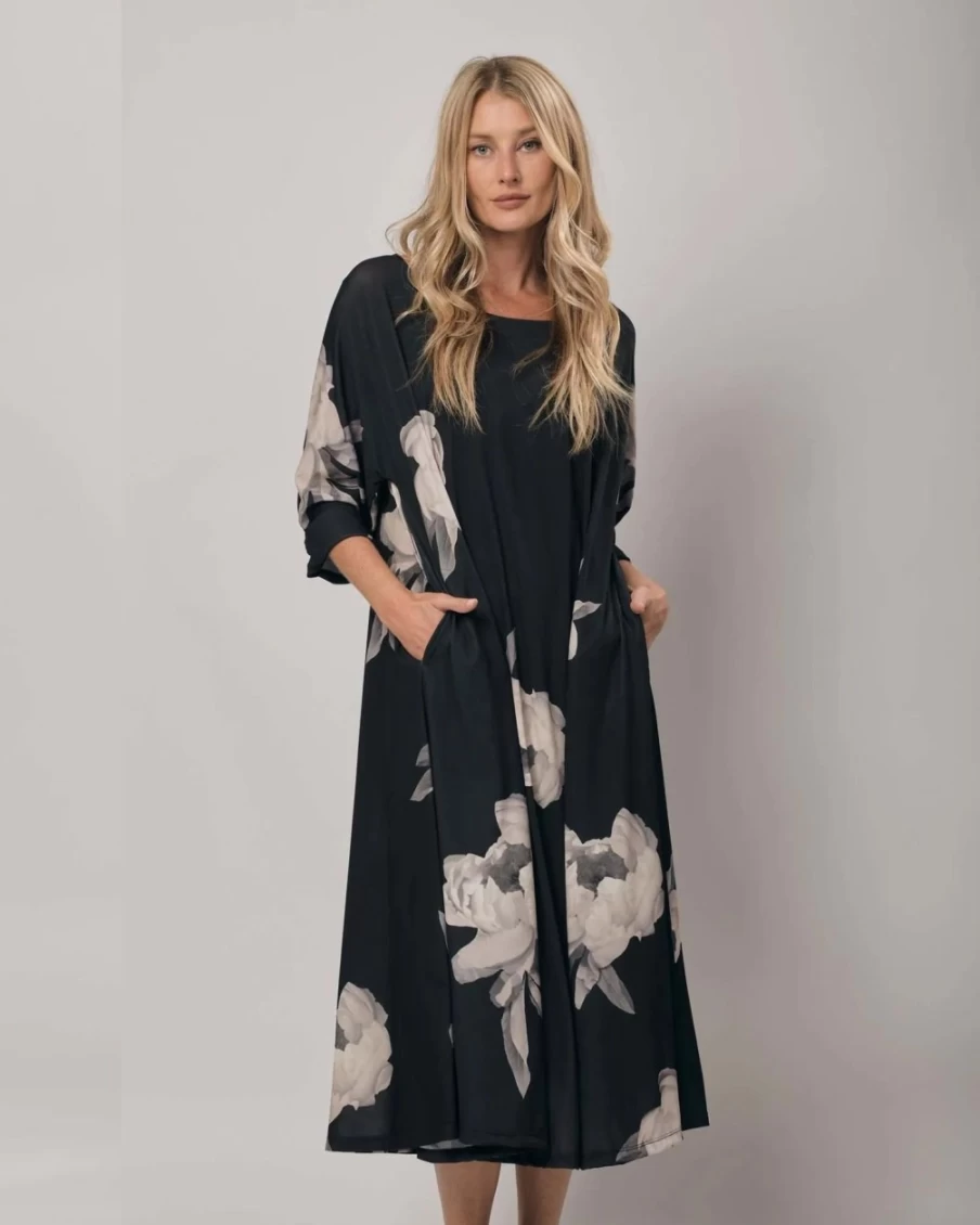 ALEMBIKA Women's Winslow Trapeze Dress with Roses Floral Print - Bohemian Flowy Summer Dress