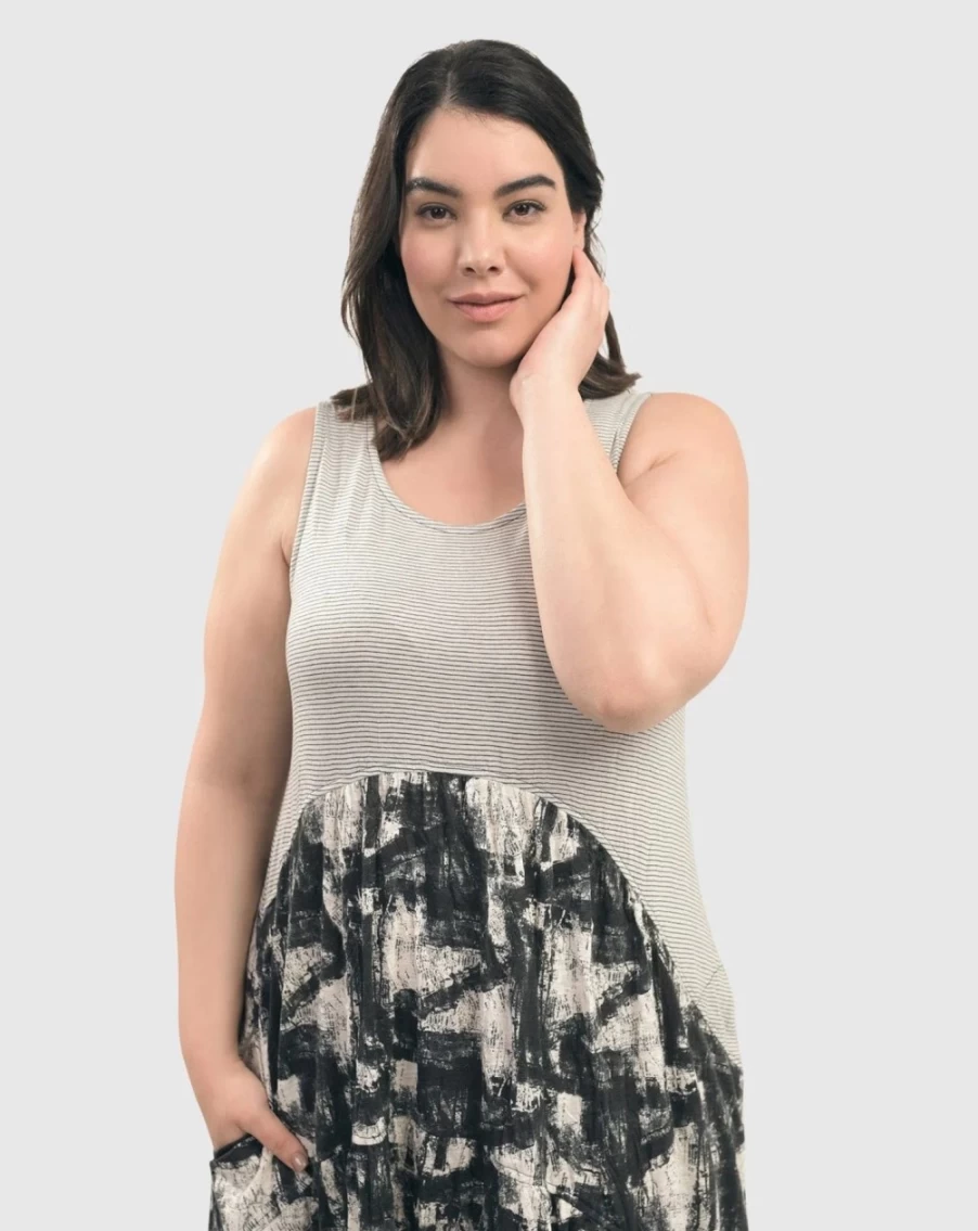 ALEMBIKA Women's Black Marble Crinkle Tank Dress - Elegant Textured Summer Outfit