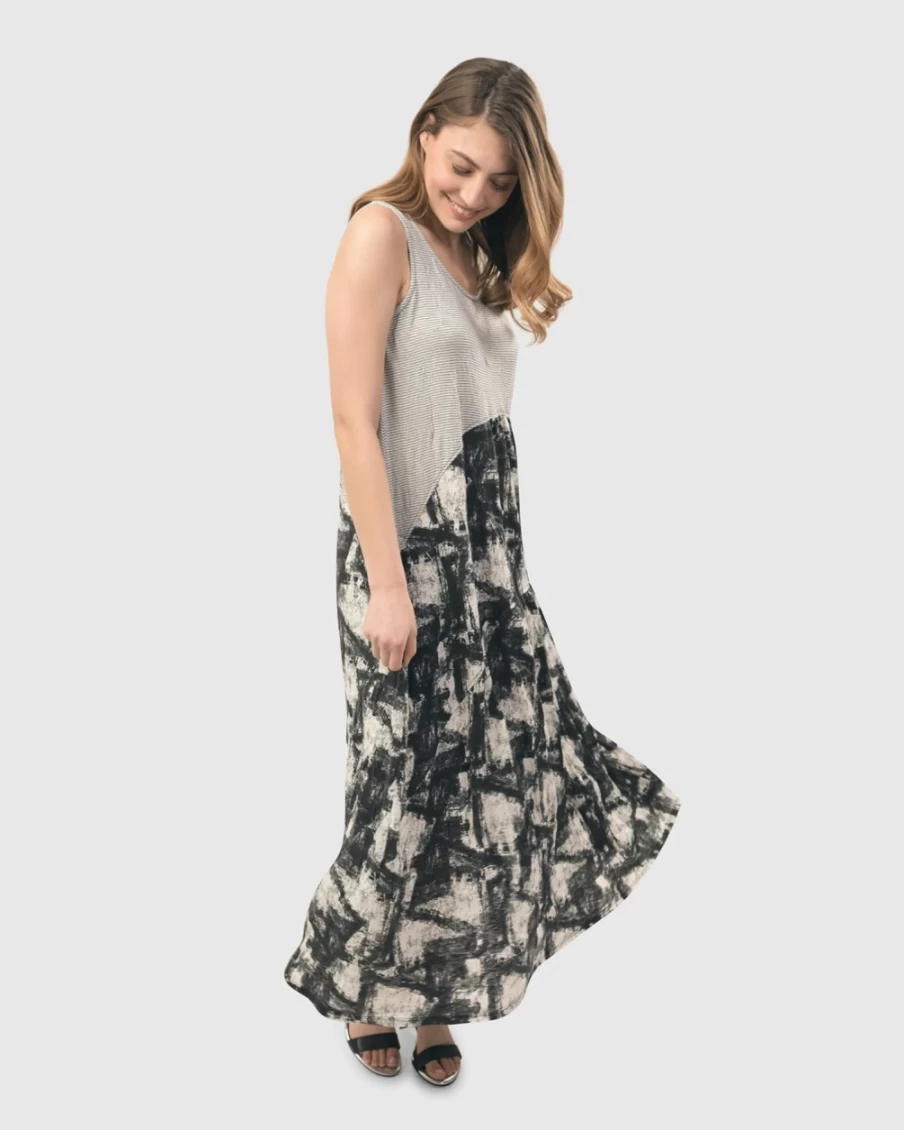 ALEMBIKA Women's Black Marble Crinkle Tank Dress - Elegant Textured Summer Outfit