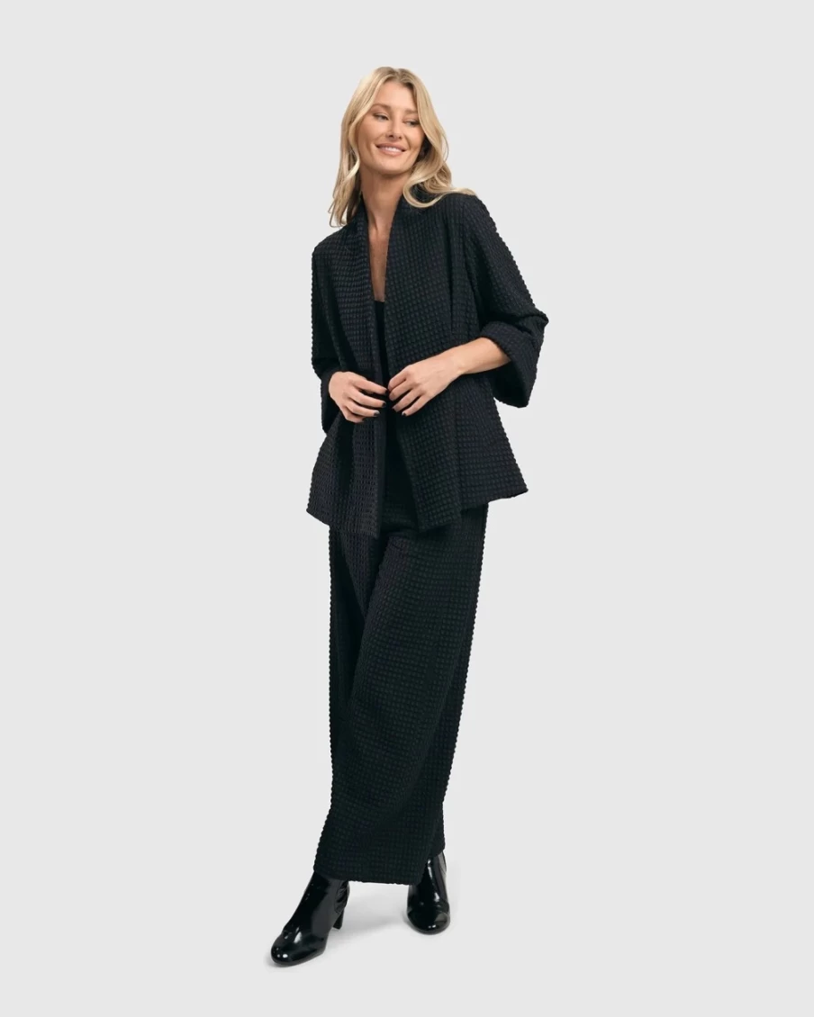 ALEMBIKA Women's Black Waffle Open Swing Jacket - Lightweight Stylish Cardigan Coat