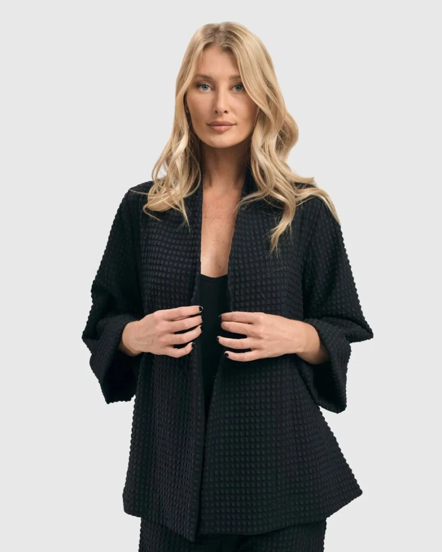 ALEMBIKA Women's Black Waffle Open Swing Jacket - Lightweight Stylish Cardigan Coat