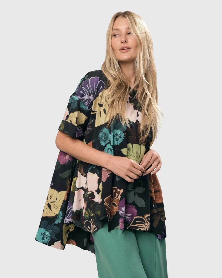 ALEMBIKA Women's Bali Trapeze Top with Multi Leaves Print - Bohemian Summer Blouse