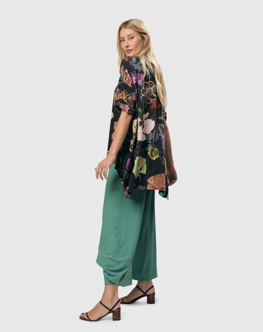 ALEMBIKA Women's Bali Trapeze Top with Multi Leaves Print - Bohemian Summer Blouse