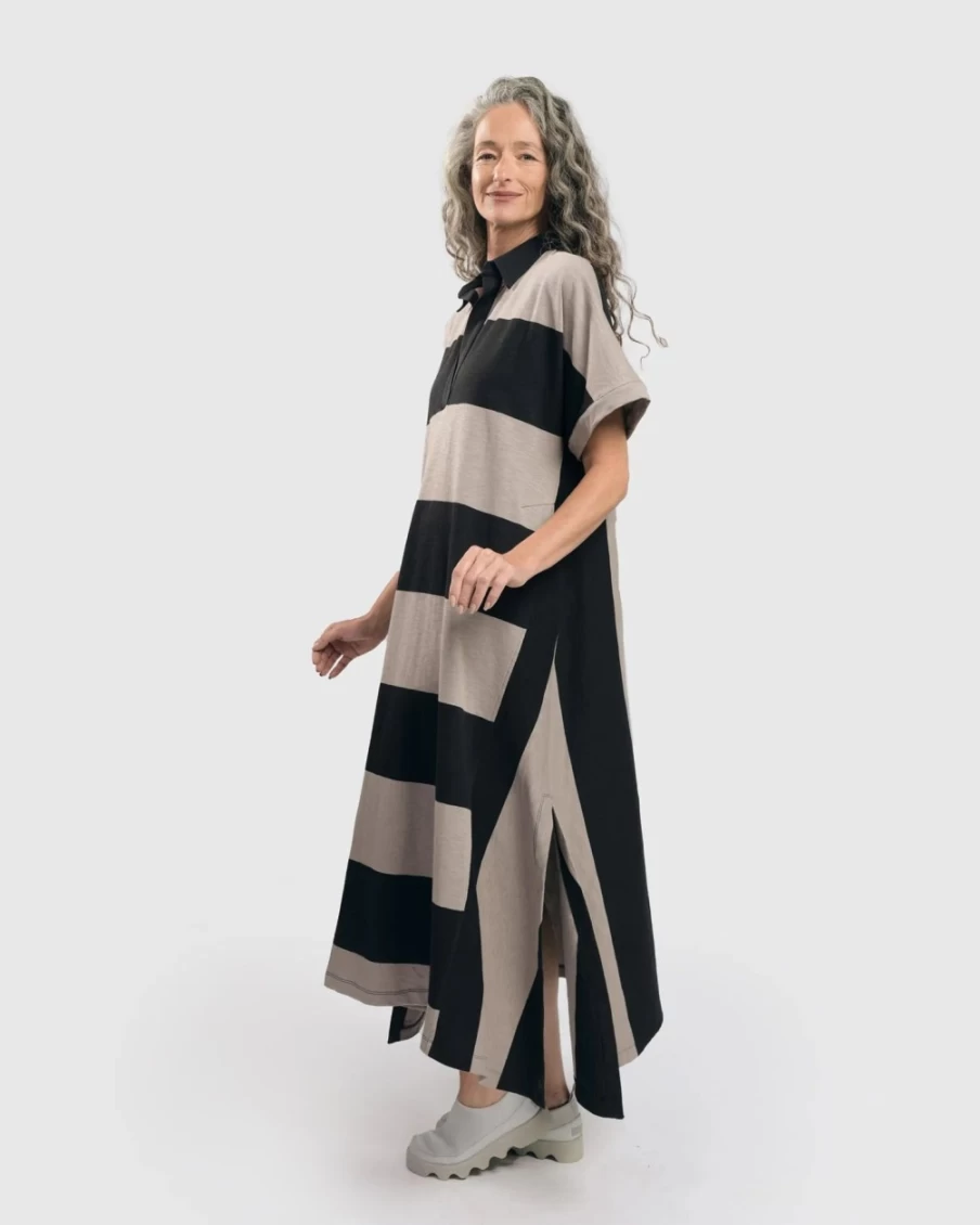 ALEMBIKA Women's Urban Marci Rugby Stripe Maxi Dress in Ash and Black - Long Sleeve Striped Boho Chic Dress
