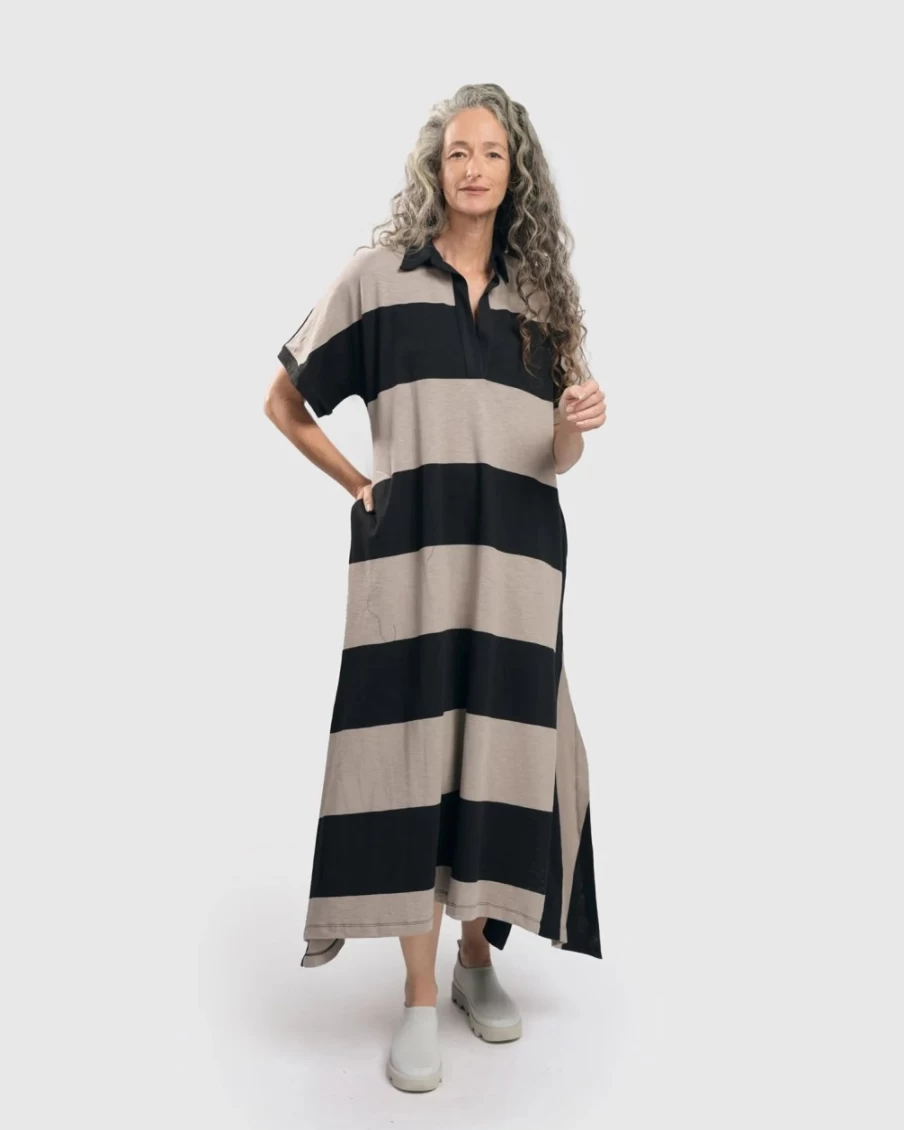 ALEMBIKA Women's Urban Marci Rugby Stripe Maxi Dress in Ash and Black - Long Sleeve Striped Boho Chic Dress