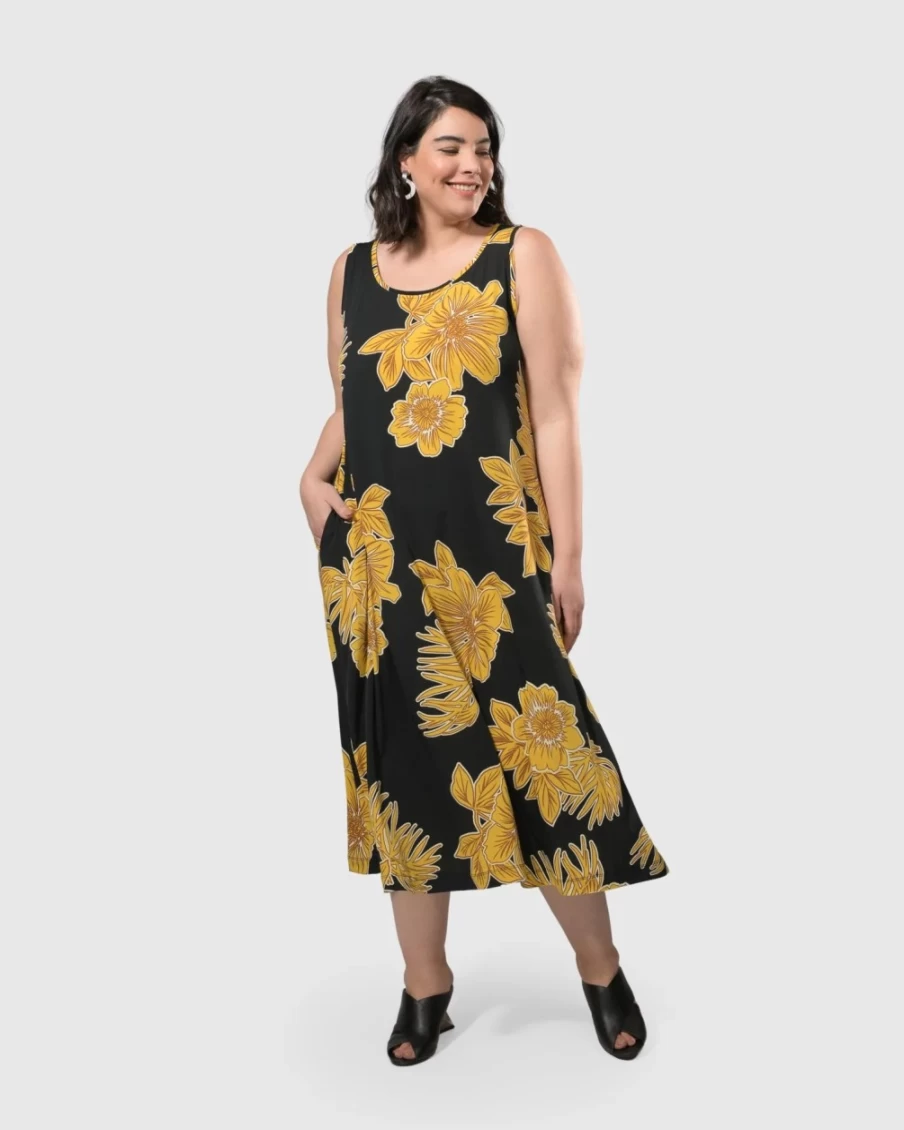 ALEMBIKA Women's Gold Sleeveless Swing Maxi Dress - Molokai Boho Beach Vacation Long Dress