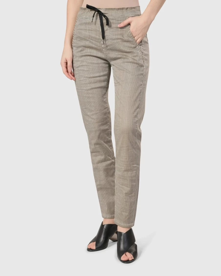 ALEMBIKA Women's Khaki Pinstripe Stretch Jeans - Iconic Slim Fit Comfort