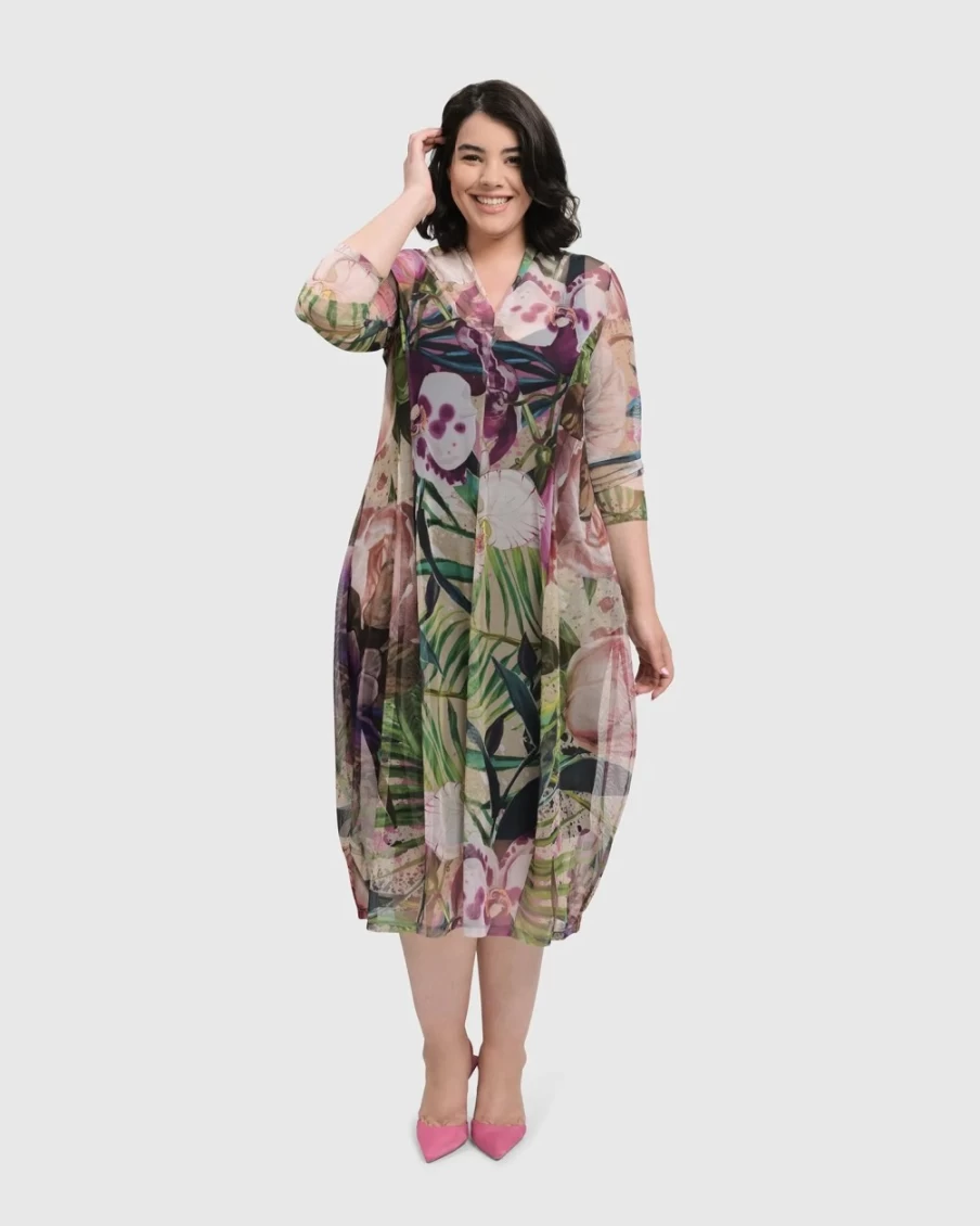 ALEMBIKA Women's Moonflower Cocoon Dress with Floral Embroidery - Boho Chic Maxi Dress