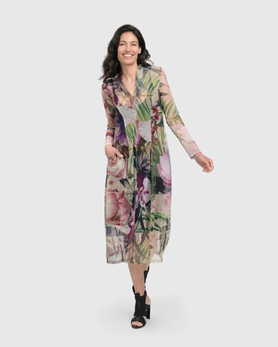 ALEMBIKA Women's Moonflower Cocoon Dress with Floral Embroidery - Boho Chic Maxi Dress