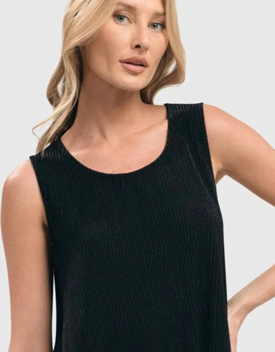 ALEMBIKA Women's Black Grid Print Sleeveless Tunic Top - Stylish Casual Summer Blouse