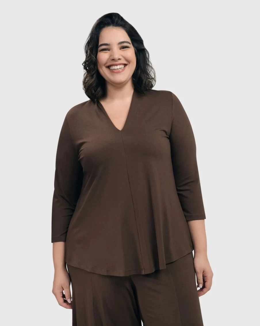 ALEMBIKA Women's Essential V-Neck Top in Coffee - Soft Casual Tee for Everyday Wear