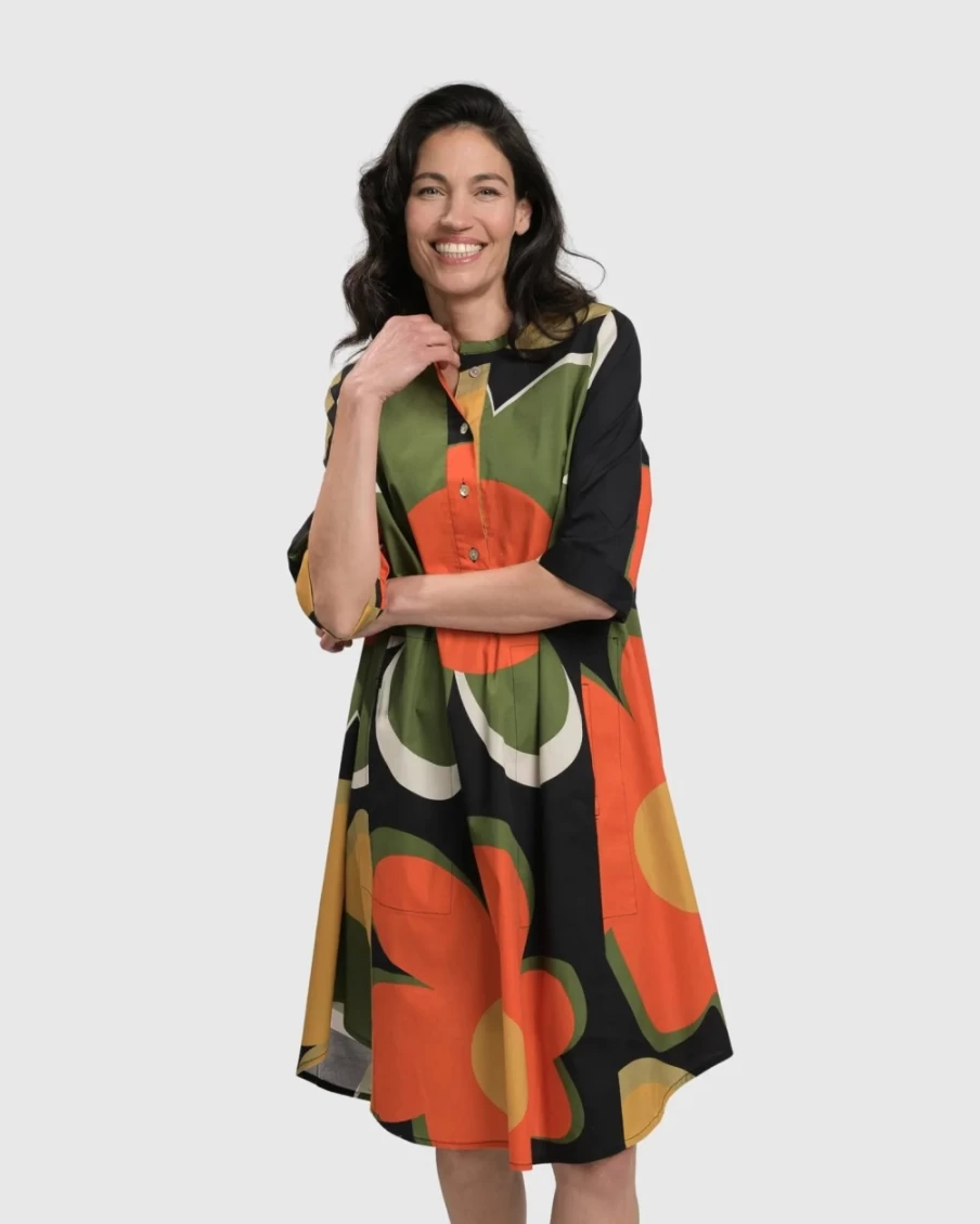 ALEMBIKA Women's Brenda Oversized Floral Shirt Dress - Elegant Long Sleeve Boho Style