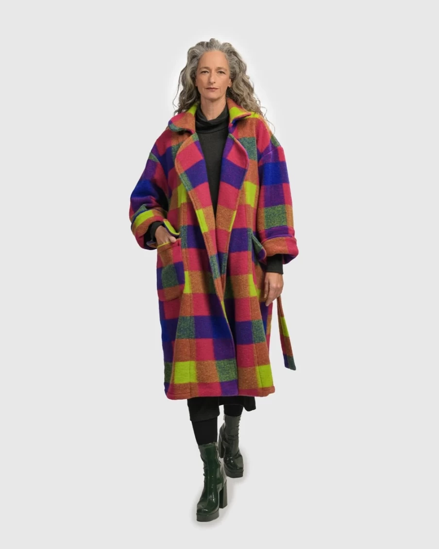ALEMBIKA Women's Bright Lights Checkered Coat - Stylish Big City Trench Coat