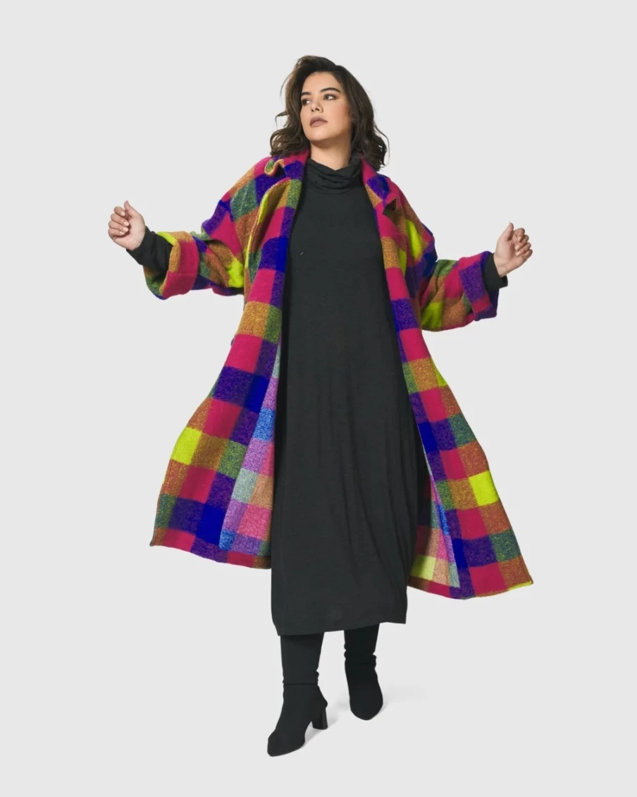 ALEMBIKA Women's Bright Lights Checkered Coat - Stylish Big City Trench Coat