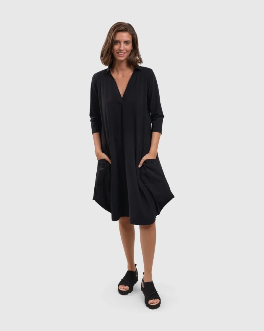 ALEMBIKA Women's Black Popover Dress - Tekbika Style Elegant Casual Wear