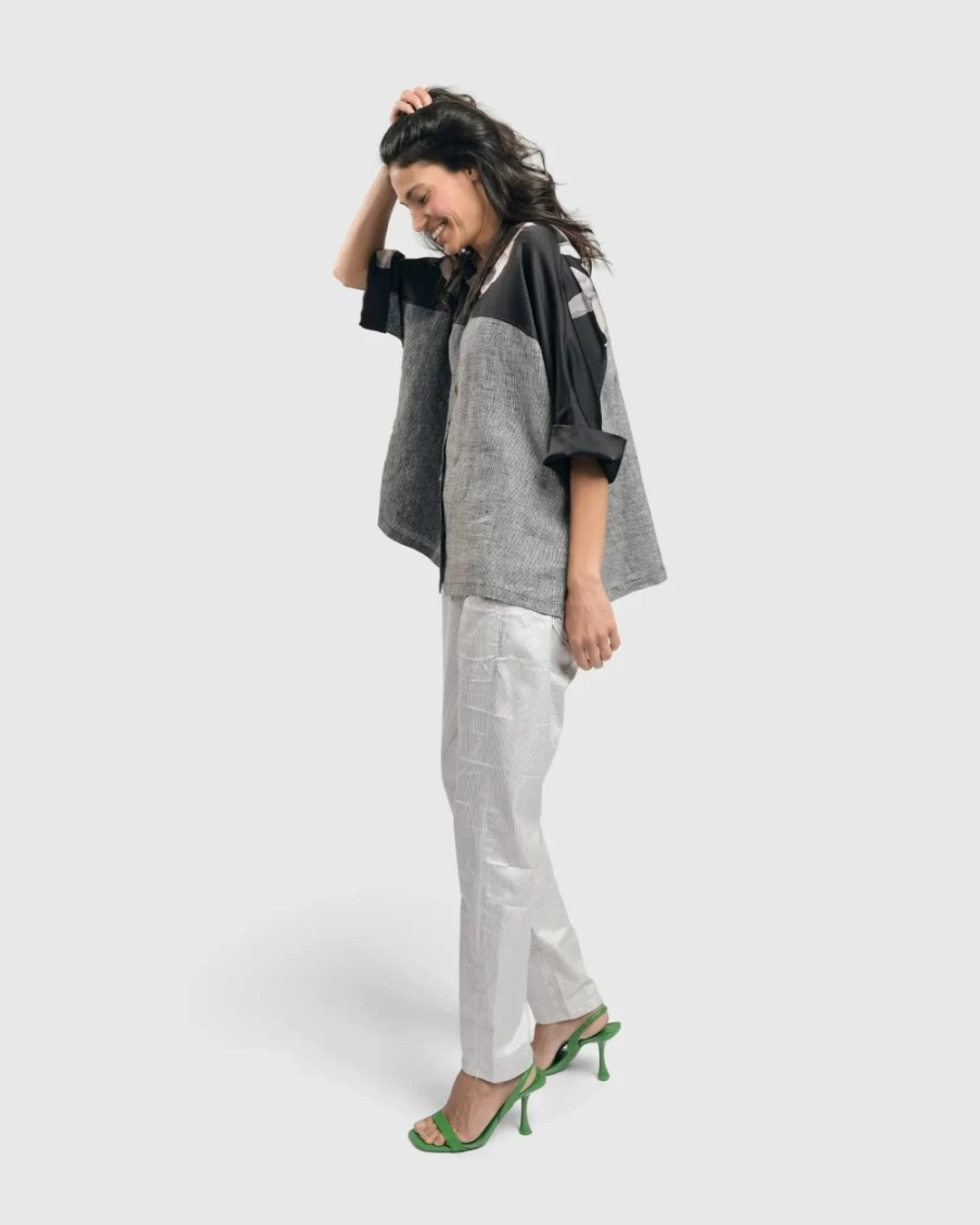 ALEMBIKA Women's Mia Rose Grey Mix Linen Shirt with Yoked Design