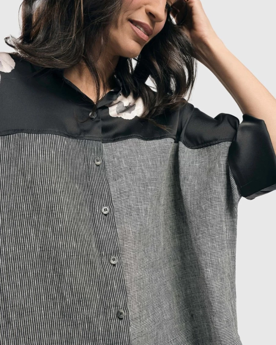 ALEMBIKA Women's Mia Rose Grey Mix Linen Shirt with Yoked Design