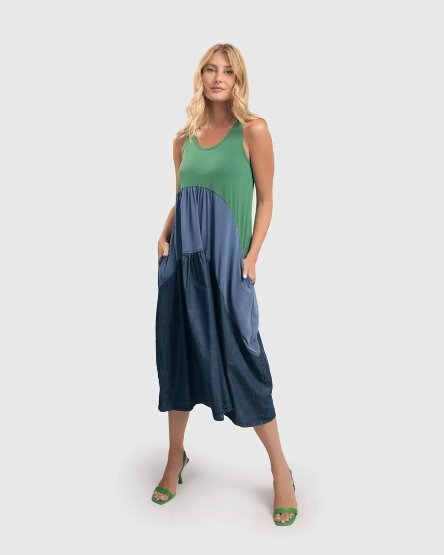 ALEMBIKA Women's Ocean Blue Colorblock Sleeveless Swing Dress - Fresh Summer Beach Style