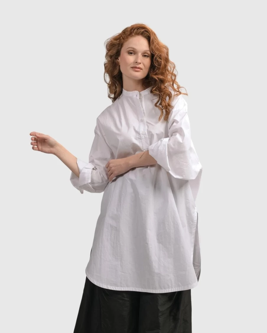 ALEMBIKA Women's Urban Zen Tunic Top in White - Boho Chic Loose Fit Blouse
