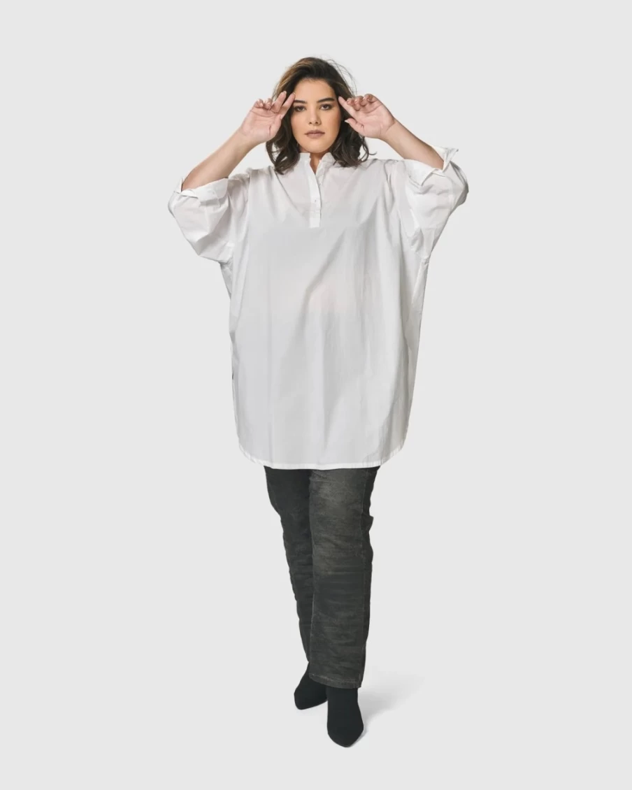 ALEMBIKA Women's Urban Zen Tunic Top in White - Boho Chic Loose Fit Blouse