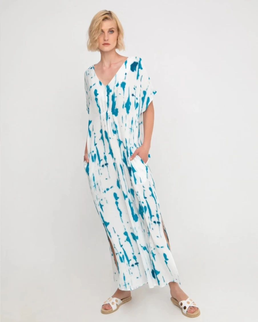 ALEMBIKA Women's Ozai N Ku Island Relaxed Maxi Dress - White & Turquoise Bohemian Beach Dress