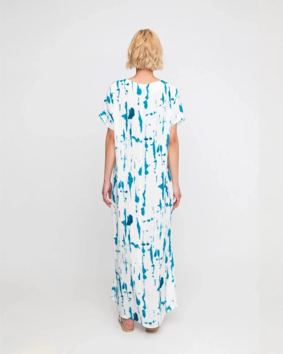 ALEMBIKA Women's Ozai N Ku Island Relaxed Maxi Dress - White & Turquoise Bohemian Beach Dress