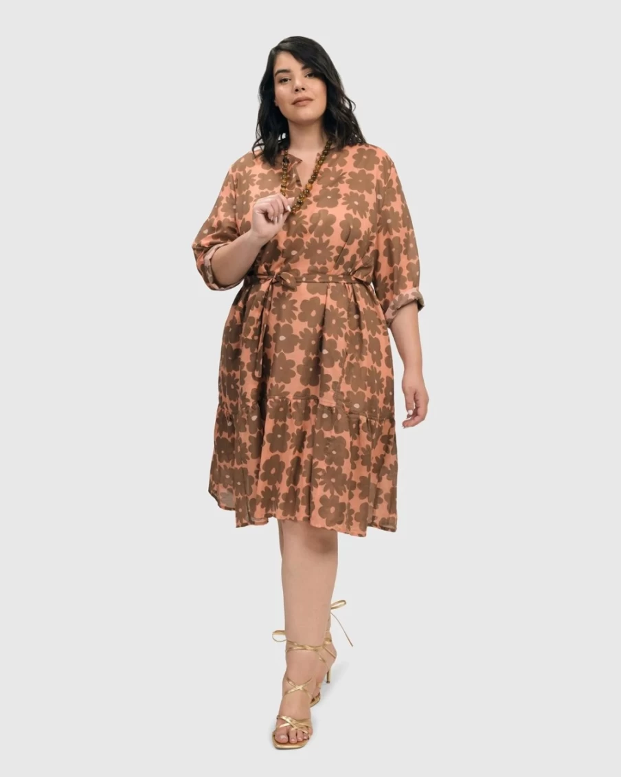ALEMBIKA Women's Peach & Earth Tone Cotton Voile Swing Dress - Boho Flowy Dahlia Print Summer Dress