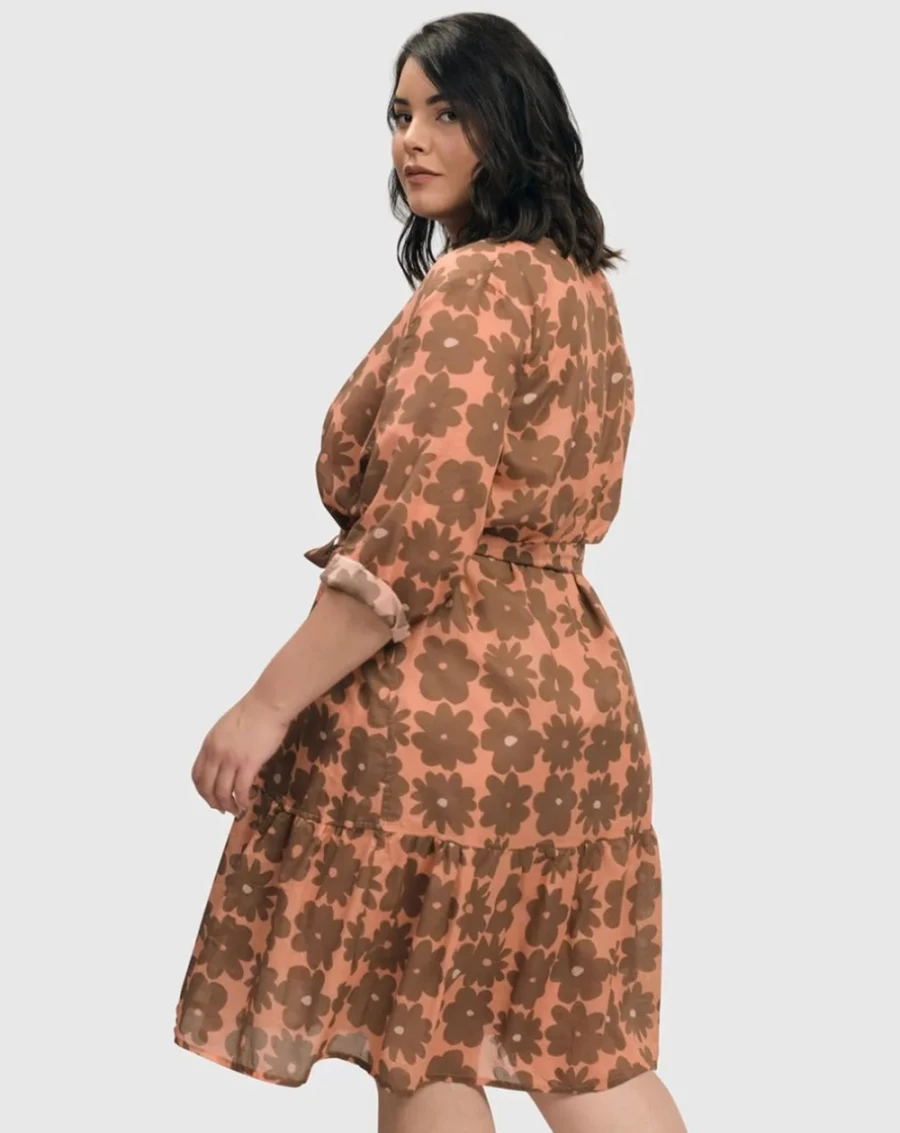 ALEMBIKA Women's Peach & Earth Tone Cotton Voile Swing Dress - Boho Flowy Dahlia Print Summer Dress
