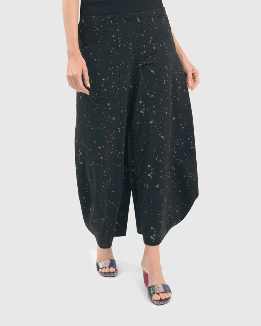 ALEMBIKA Women's Splatter Paint Punto Pants in Black - Trendy Artistic Design