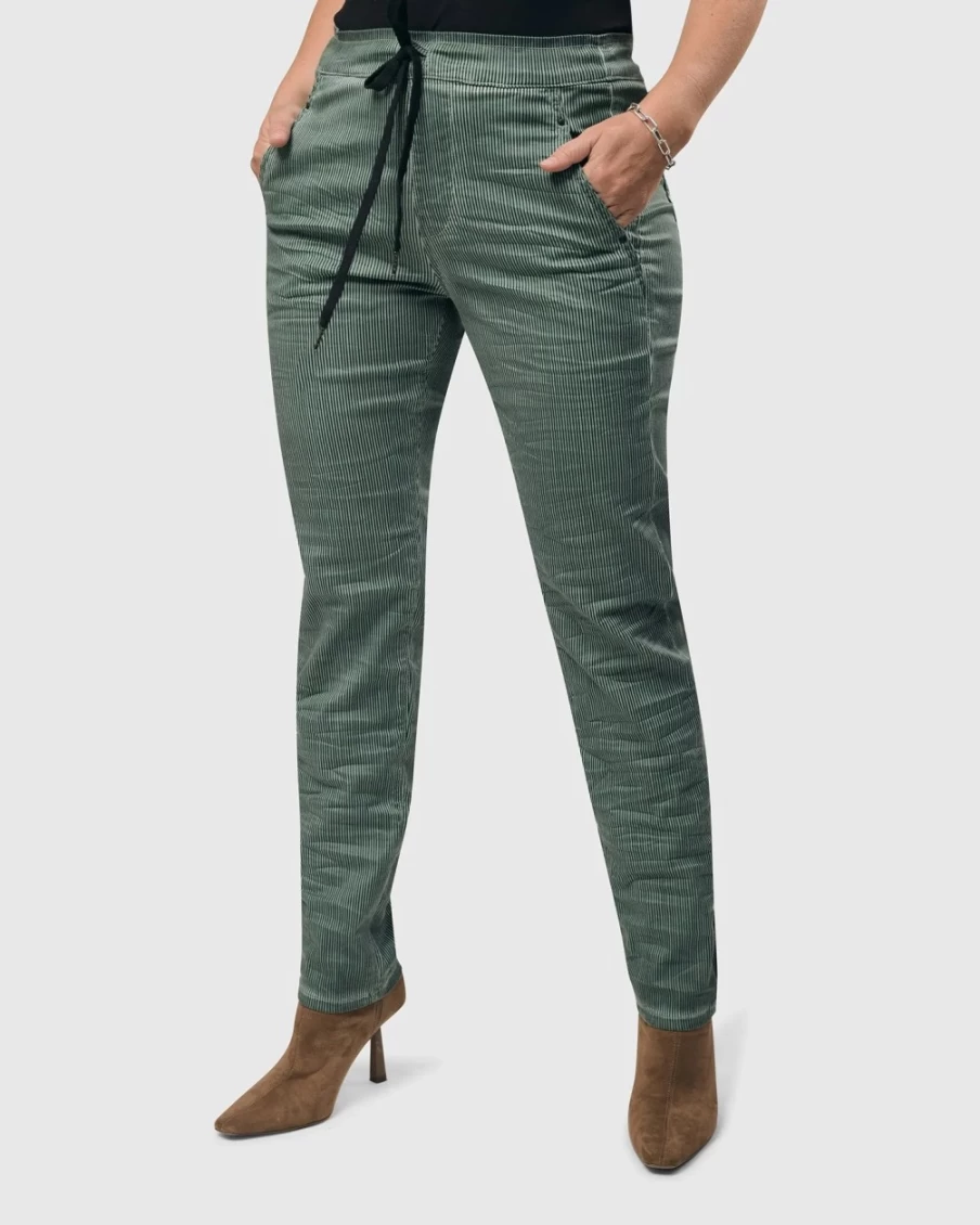 ALEMBIKA Women's Teal Pinstripe Iconic Stretch Jeans - High Waist Slim Fit Comfort Denim