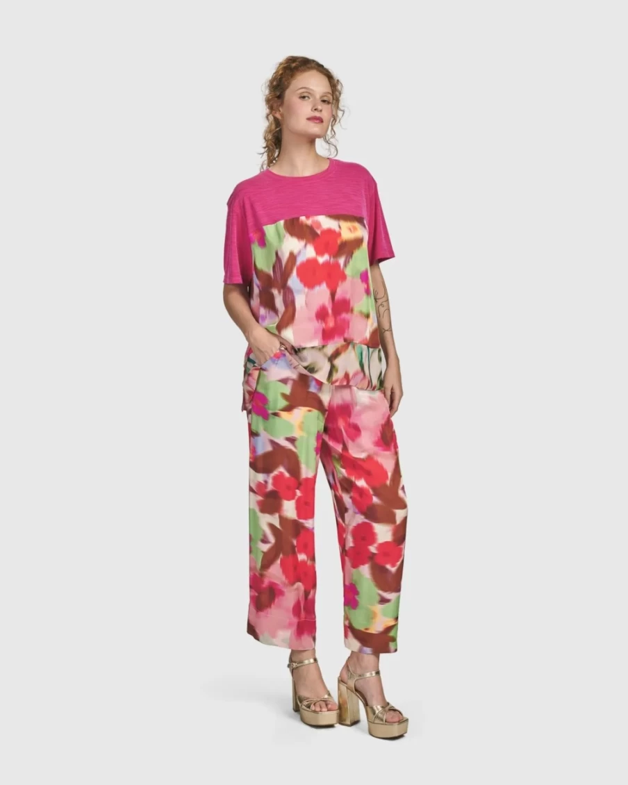 ALEMBIKA Women's Blush Cherry Blossom Print Pants - Floral Spring Trousers
