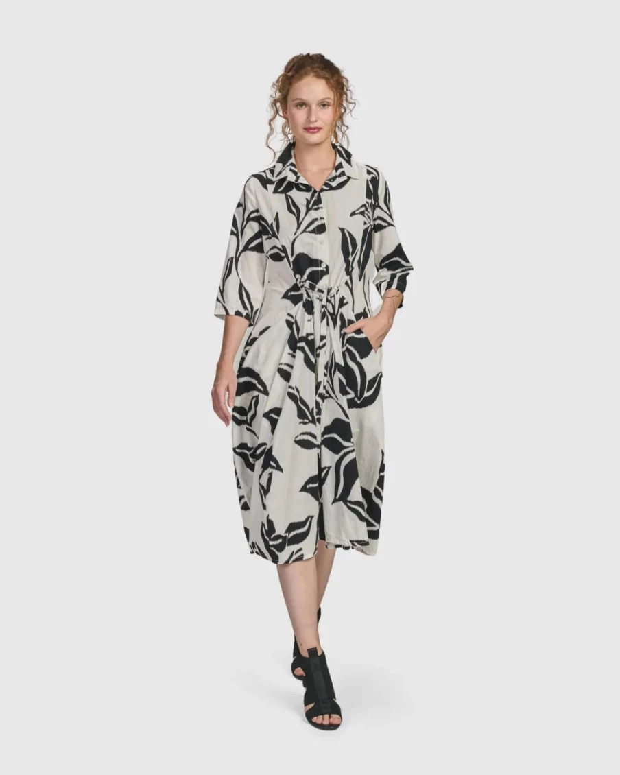ALEMBIKA Women's Botanica Business Dress - Elegant Lilly Print Professional Attire